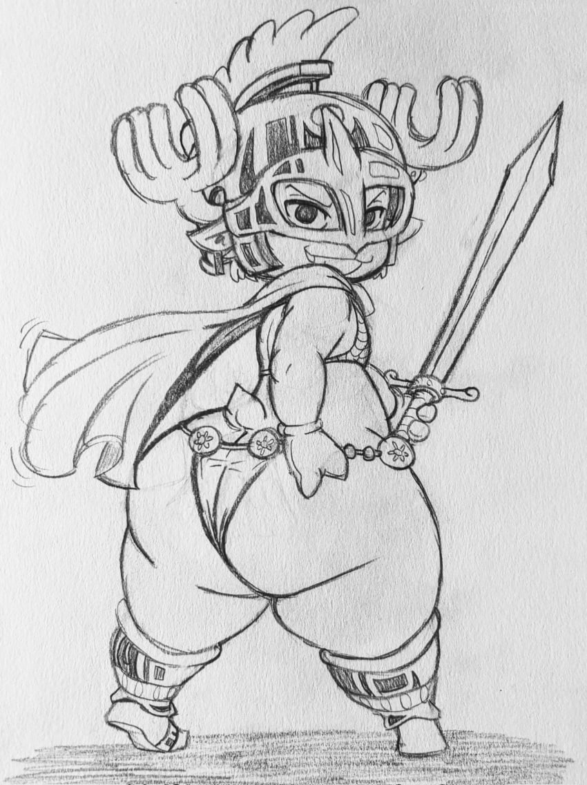 1boy antlers antlers_through_headwear ass big_ass big_butt boots cape cervid cervine femboy gladiator helmet knight_helmet looking_at_viewer looking_back male male_only monochrome one_piece sketch solo sword thong tony_tony_chopper toony traditional_media_(artwork)