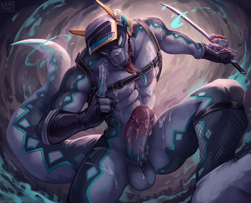 another_eidos_of_dragon_vein_r anthro balls big_penis bodily_fluids claws countershade_arms countershade_legs countershade_tail countershade_torso countershading cum cum_on_face erection fingers genital_fluids genitals glans holding_object holding_sword holding_weapon humanoid_genitalia humanoid_penis lizard male melee_weapon nurinaki penis reptile sarutobi_(anothereidos_r) scalie solo sword tail tongue tongue_out weapon