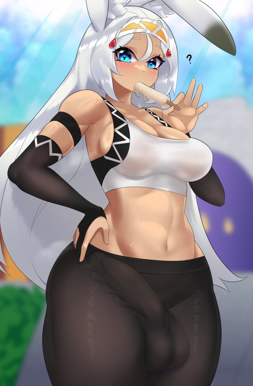 1futa animal_ears animal_humanoid balls big_balls big_breasts big_penis blue_eyes blush breasts bulge bunny_ears bunny_girl cleavage clothed clothing cygames dragalia_lost eating erection food futa_only futanari genitals gynomorph hair hand_on_hip hi_res huge_thighs humanoid humanoid_penis intersex kemonomimi kt80at lagomorph lagomorph_humanoid leporid_humanoid light-skinned_futanari light_skin mammal mammal_humanoid midriff navel nintendo penis popsicle question_mark rabbit_humanoid sarisse side_boob solo standing thick_thighs translucent translucent_clothing white_hair wide_hips