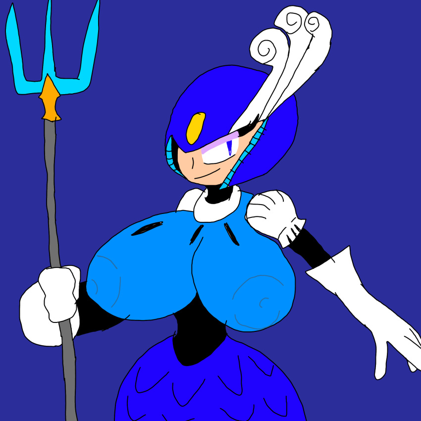 1girls artist_request blue_background blue_helmet breasts capcom huge huge_thighs light-skinned_female mega_man mega_man(classic) mega_man_9 mermaid rockman splash_woman tagme trident white_gloves