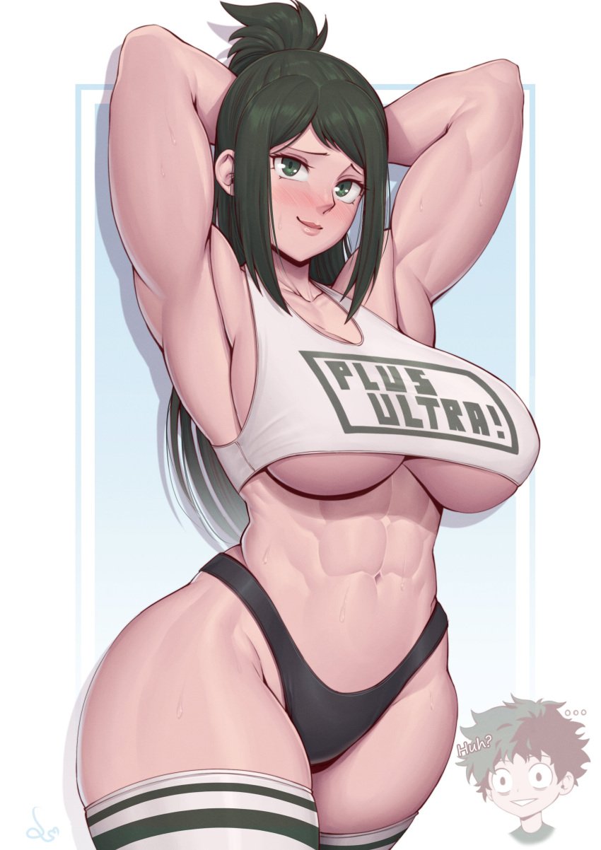 1boy 1girls abdomen abs armpits arms_up belly belly_button big_ass big_breasts big_thighs black_panties blush blush_lines breasts curvaceous curvy curvy_body curvy_female curvy_figure dark_green_eyes dark_green_hair female female_focus female_only green_eyes green_hair huge_breasts huge_thighs inko_midoriya izuku_midoriya large_breasts large_thighs legwear light-skinned_female light-skinned_male light_skin looking_at_viewer mature mature_female mature_woman milf mom mother muscles muscular_abs muscular_arms muscular_female muscular_thighs my_hero_academia short_shirt smile smiley_face solo_female son speedl00ver sweat thick_thighs thighhighs thighs underboob voluptuous wide_hips