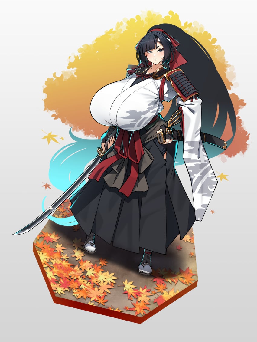 1girls absurdly_long_hair absurdres aqua_hair armor autumn_leaves black_gloves black_hair black_hakama breasts faux_figurine female female_only fingerless_gloves forehead_protector full_body gigantic_breasts gloves gradient_hair grey_eyes hachimaki hair_ribbon hakama headband highres holding holding_sheath holding_sword holding_weapon human japanese_armor japanese_clothes katana kimono konoshige_(ryuun) kote light-skinned_female light_skin long_hair multicolored_hair original original_character ponytail red_ribbon ribbon ryuun_(stiil) samurai scabbard shoulder_armor sode solo standing sword tabi tasuki unsheathed very_long_hair weapon white_kimono wide_sleeves zouri