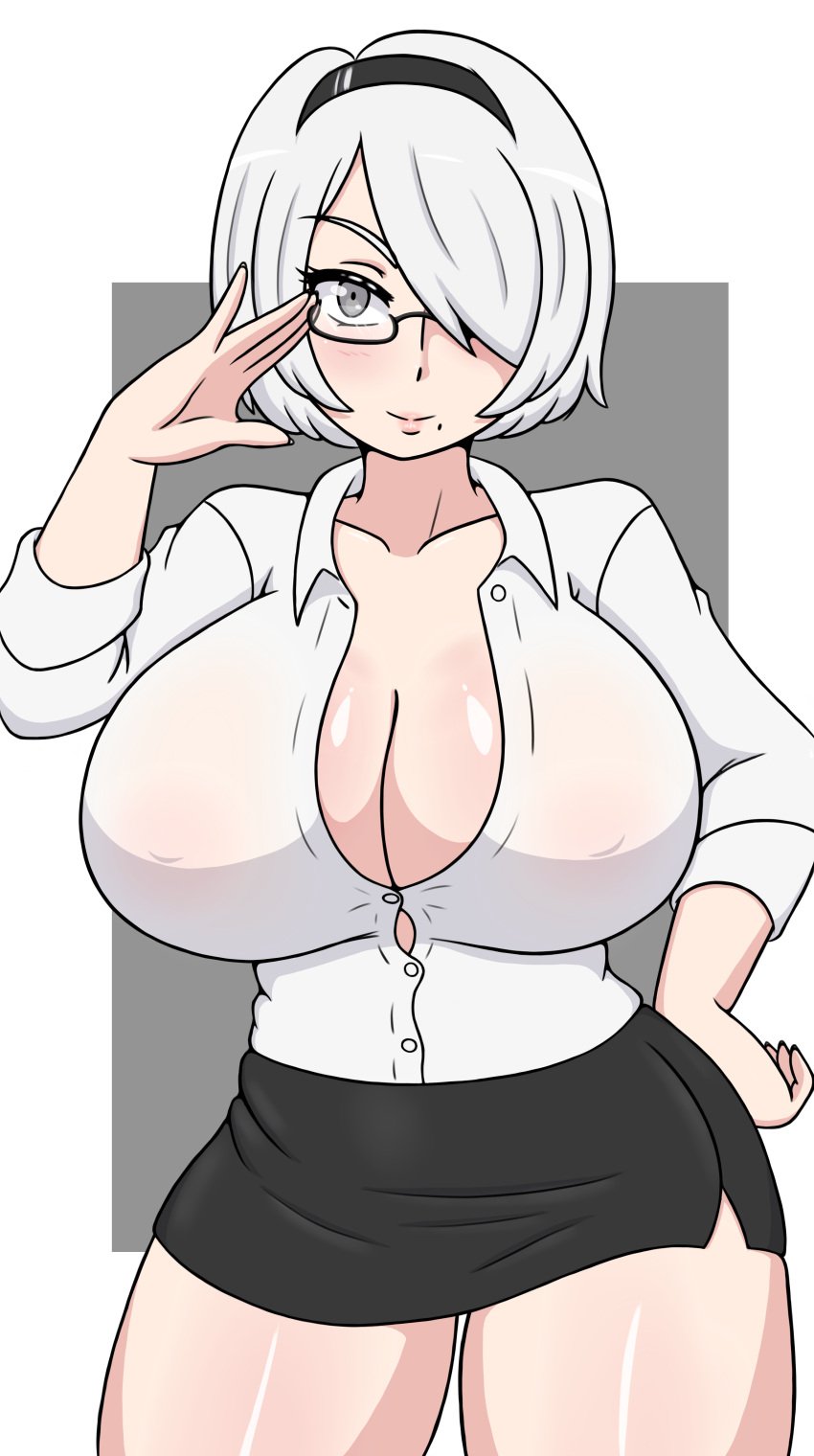 1girls big_breasts black_eyes black_skirt bottomwear breasts cleavage eyewear female female_only glasses hair hand_on_hip huge_breasts large_breasts lips mole_under_mouth nier nier:_automata nier_(series) office_lady pencil_skirt shirt short_hair skirt smile solo solo_female topwear vented_skirt white_hair white_shirt winzaku_(asakura) yorha_2b