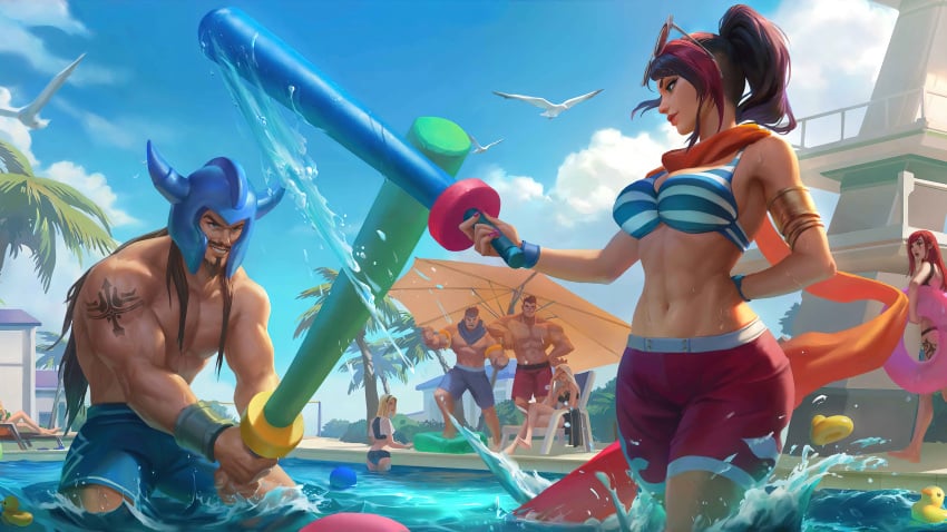 ashe_(league_of_legends) big_breasts darius_(league_of_legends) edit fiora_laurent garen_crownguard katarina_du_couteau league_of_legends legends_of_runeterra pool_party_fiora pool_party_series riot_games tryndamere