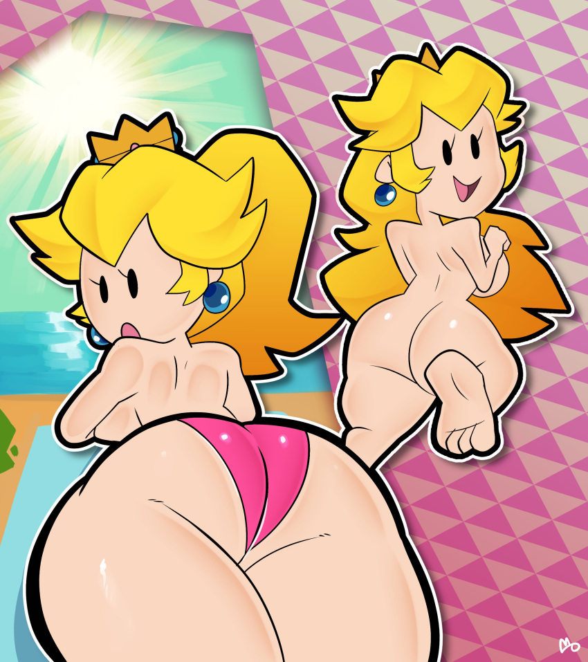 1girls :d :o ass big_ass blonde_hair breasts clothed completely_nude completely_nude_female female female_only looking_back mario_(series) monamania naked naked_female nude nude_female paper_mario paper_peach princess_peach sideboob smile solo solo_female sweetdandy swimsuit