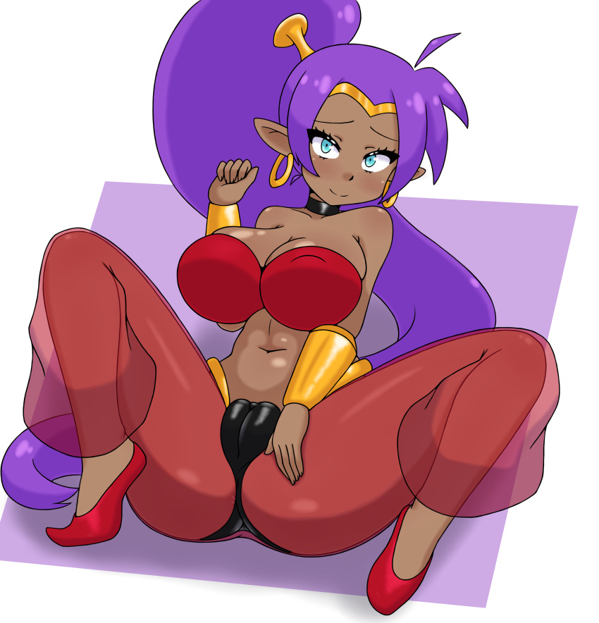 1girls alternate_version_available big_breasts blue_eyes blush bottomwear breasts cameltoe cleavage ear_piercing earrings feet female female_only hair hoop_earrings huge_breasts legs legs_spread pants pointy_ears ponytail purple_hair shantae shantae_(character) smile solo solo_female topwear winzaku_(asakura)