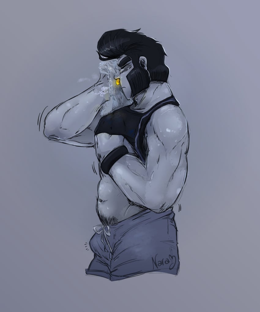 balls bara black_hair blush brawl_stars bulge bull_(brawl_stars) closed_eyes flaccid male male_only muscles muscular nose_ring nsfw_doggo penis pompadour sideburns solo solo_male supercell sweaty towel unexpected404