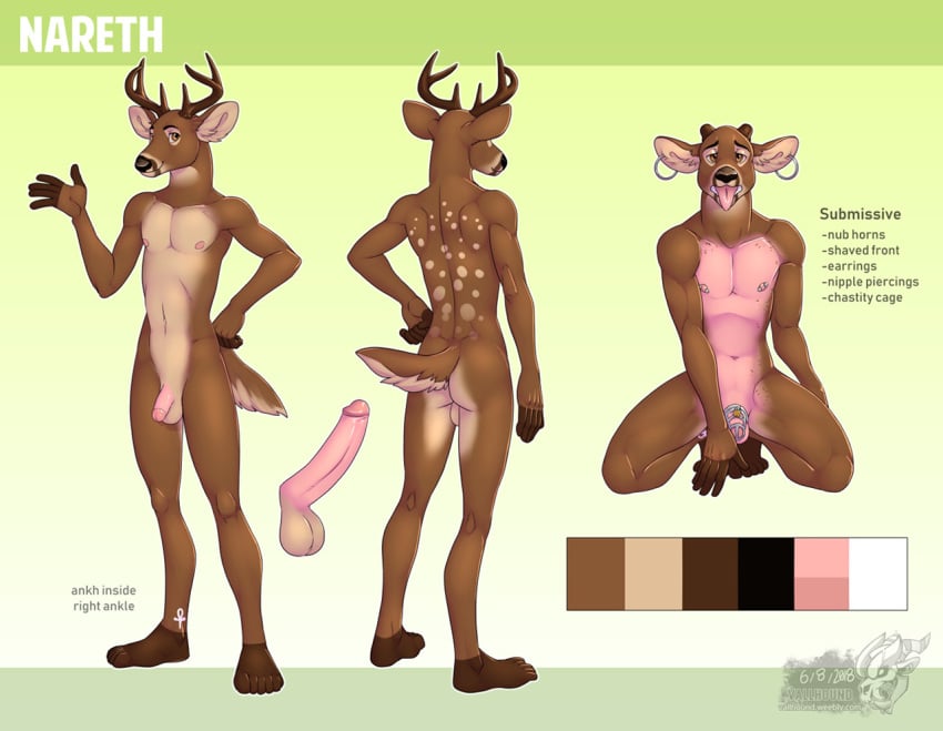 2018 anthro antlers balls barbell_piercing chastity_cage chastity_device deer ear_piercing ear_ring english_text erection genitals glans horn humanoid_genitalia humanoid_penis kneeling male male_only mammal model_sheet multiple_poses nareth_(character) nipples nude penis piercing plantigrade pose ring_piercing shaved_pussy simple_background solo standing text vallhund