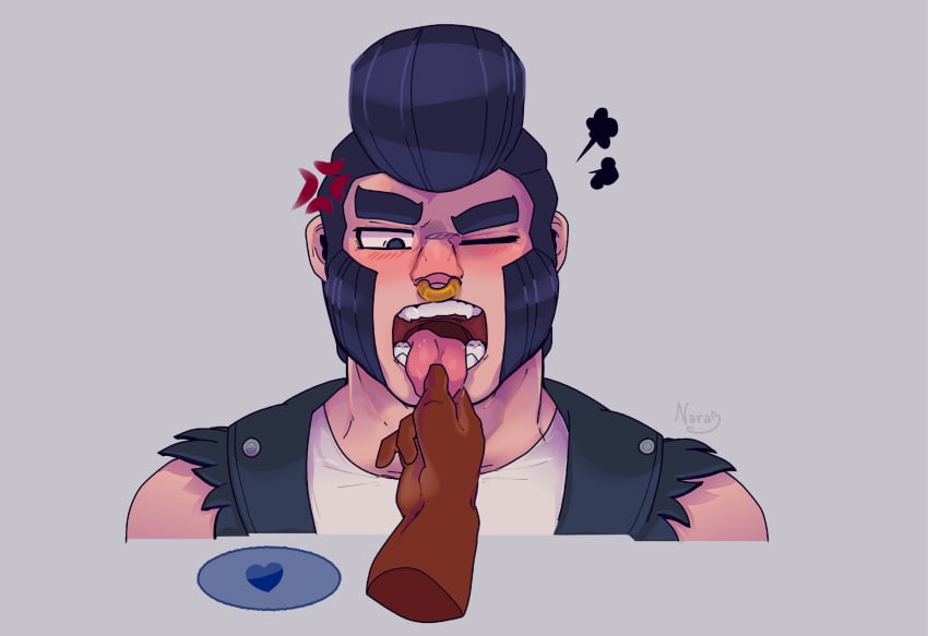 bara black_hair blush brawl_stars bull_(brawl_stars) colt_(brawl_stars) disembodied_hand gay male male_only muscles muscular nose_ring nsfw_doggo one_eye_closed pompadour sideburns tongue_out touching_tongue unexpected404