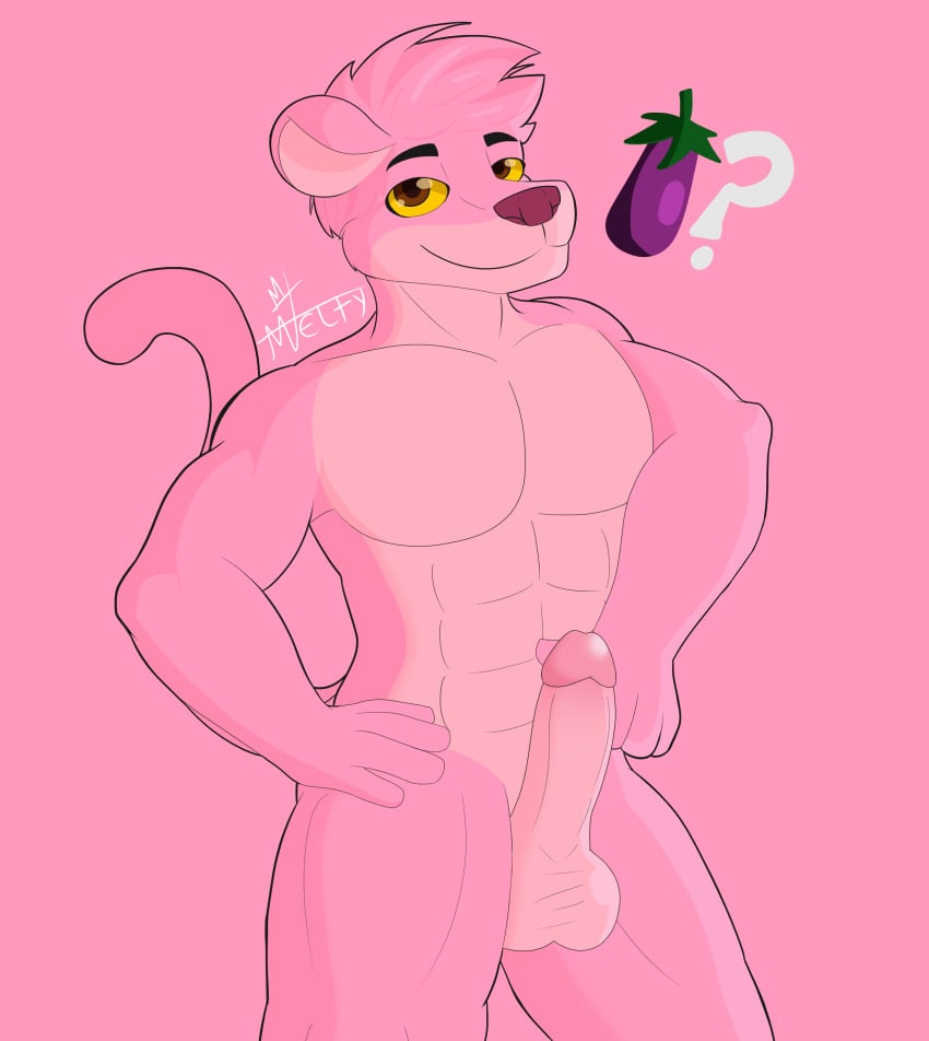 abs anthro boner casual cock erection exposed_penis feline_humanoid furry half_body humanoid_penis male muscular_male naked nude_male panther penis pink_fur pink_hair pink_nose pink_panther pink_tail showing_penis yellow_eyes yiff