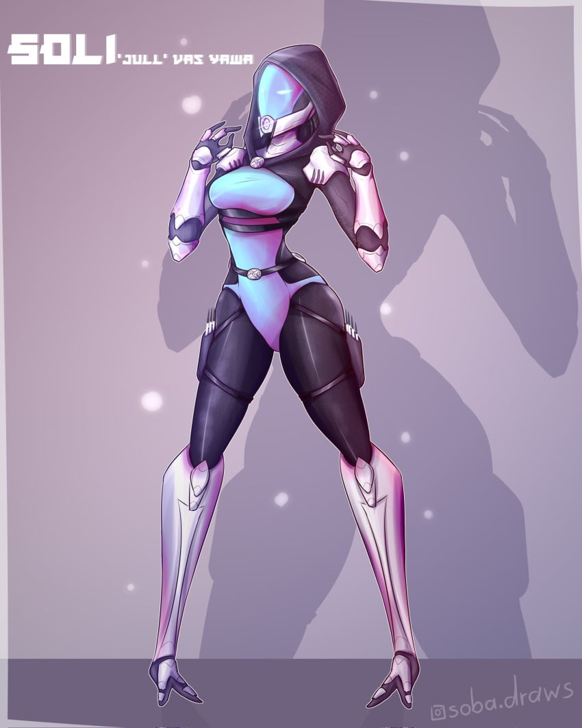 2d 3_fingers alien alien_girl alien_humanoid breasts female female_focus female_only grey_background helmet jpeg large_breasts mass_effect monty_nsfw original_character quarian standing text tight_clothing