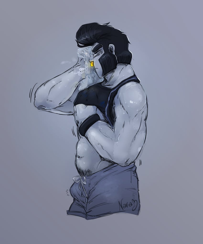 balls bara black_hair blush brawl_stars bulge bull_(brawl_stars) closed_eyes flaccid male male_only muscles muscular nose_ring nsfw_doggo penis pompadour sideburns solo solo_male supercell sweaty towel unexpected404