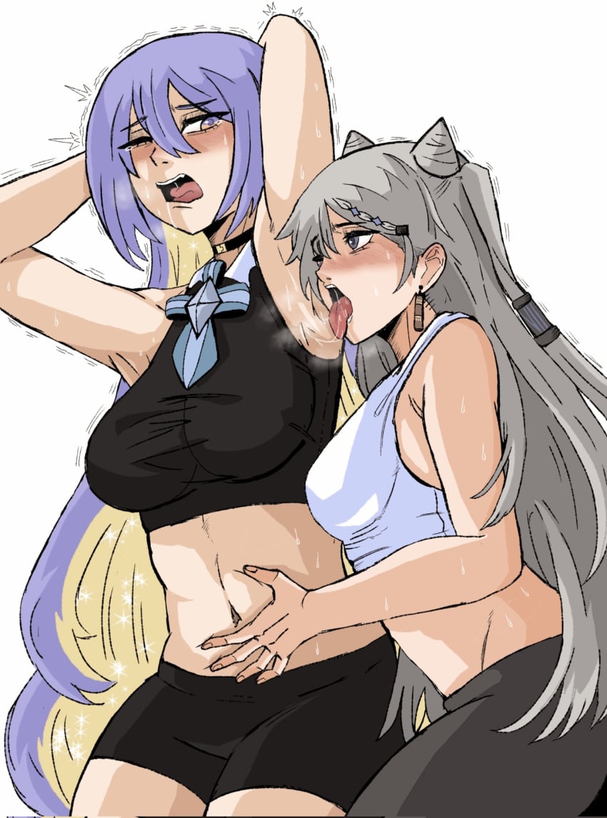 armpit_fetish armpit_licking armpits arms_up clothed clothing hololive hololive_indonesia hololive_indonesia_area_15 hololive_indonesia_holoh3ro jasper_alexandros long_hair moona_hoshinova simple_background vestia_zeta virtual_youtuber yuri