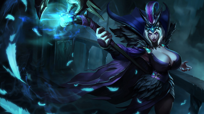 alternate_breast_size cleavage corset feathers harrowing_series huge_breasts league_of_legends leblanc mascara official_artwork_edit purple_eyes ravenborn_leblanc riot_games staff sutton184_edits tales_from_the_rift_series thick_lips thick_thighs third-party_edit white_hair