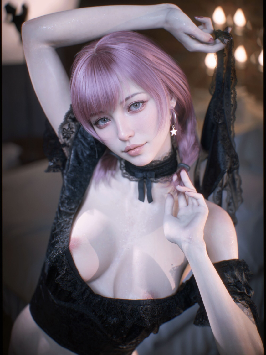 1girls 2023 3d bedroom black_panties breasts_out depth_of_field earrings female female_only holding_panties hoop_earrings indoors lace_choker looking_at_viewer medium_breasts no_bra panties pink_hair shoelac3 solo solo_female standing star_earrings