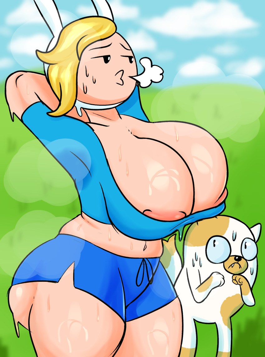 1girls 2girls adventure_time astroarts big_ass big_breasts big_butt blonde_hair cake_the_cat cartoon_network eyebrows eyelashes felid feline female female_only fionna_the_human_girl human large_ass large_breasts light-skinned_female light_skin looking_at_another multiple_girls nipple_bulge nipples pink_nipples shirt shorts sweat sweating thick_ass thick_thighs thighs tired wide_hips