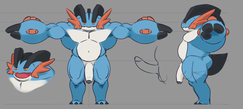 1boy 2020s 2023 absurd_res anthro balls bellybutton big_arms big_penis black_penis blue_skin character_sheet digital_drawing_(artwork) digital_media_(artwork) digital_painting_(artwork) erection flaccid foreskin front_view genitals gray_background grey_background hi_res high_resolution highres humanoid_genitalia humanoid_penis long_penis male male_only matainfancias mega_evolution mega_swampert model_sheet muscular muscular_anthro muscular_male nintendo no_nipples nude orange_eyes penis pokémon_(species) pokemon reference_image reference_sheet retracted_foreskin side_view simple_background solo solo_male swampert t_pose tagme tongue uncut white_penis