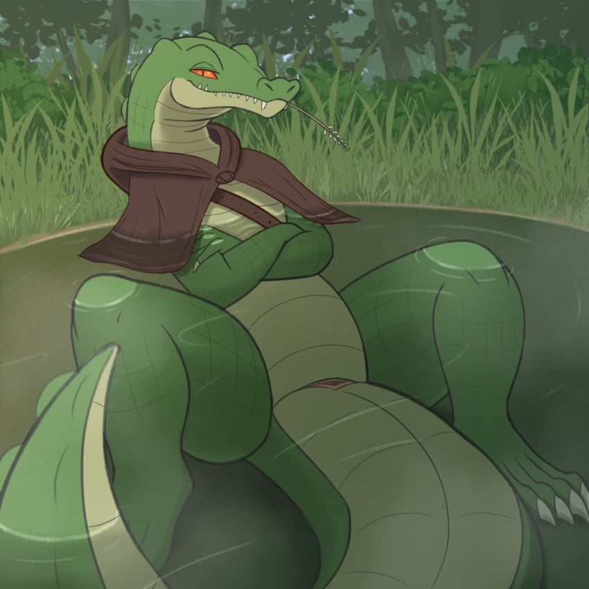 ahatas alligator alligatorid animal_genitalia anthro claws cloaca crocodilian featureless_chest female flat_chested genitals grass green_body green_scales hi_res hooded_cloak mostly_nude nature outside partially_submerged plant pupils reclining red_eyes reptile scales scalie slit_pupils solo straw_in_mouth tail thick_tail tree water