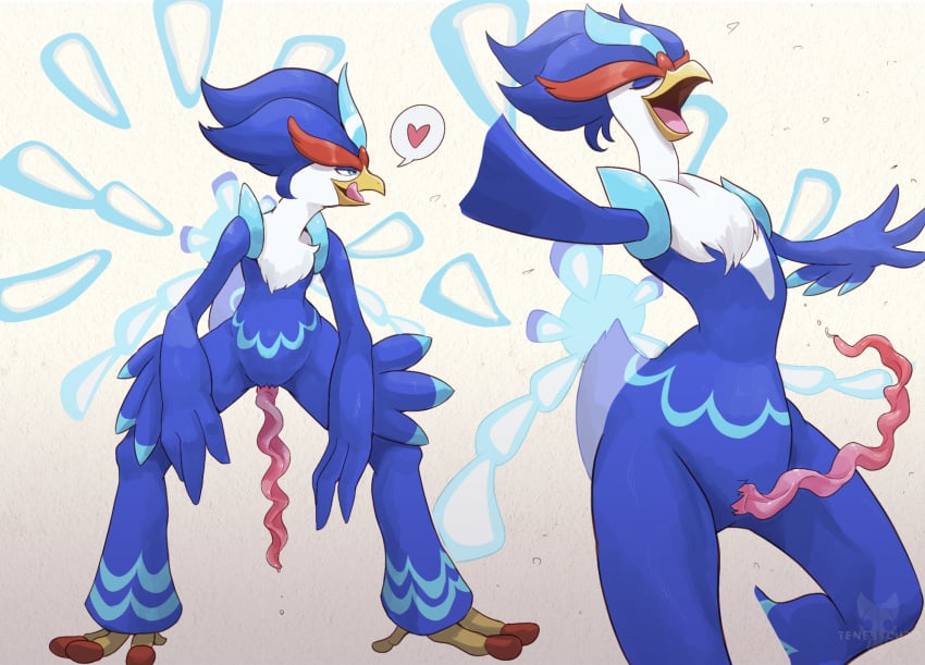 animal_genitalia animal_penis anthro avian beak biped blue_body blue_eyes blue_feathers bodily_fluids dripping duck_penis erection feathers genital_fluids genitals gradient_background heart hi_res long_penis male nintendo open_mouth open_smile penis pokémon_(species) pokemon pokemon_sv precum precum_drip presenting presenting_penis quaquaval shaded simple_background smile solo speech_bubble standing tenebscuro tongue tongue_out white_background