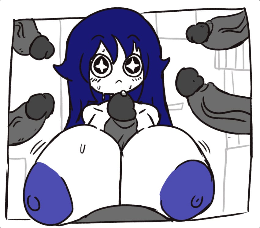 1girls 5boys :< areolae art_trade big_breasts blue_hair bongbong breasts colored_nipples disembodied_penis grey_penis huge_breasts large_breasts lobotomy_corporation looking_at_viewer meme multiple_boys multiple_penises nipples non-web_source p-con paizuri pov precum project_moon spurhuns star-shaped_pupils sweat titjob veiny_penis white_skin