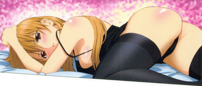 1girls ass big_ass big_breasts blonde_hair blush breasts busty female female_only hand_on_own_head highres kiryuu_yuuzuki kissxsis large_breasts legs long_hair official_art panties parted_lips pose posing red_eyes sensual sideboob sleeveless solo teacher thighs underwear voluptuous