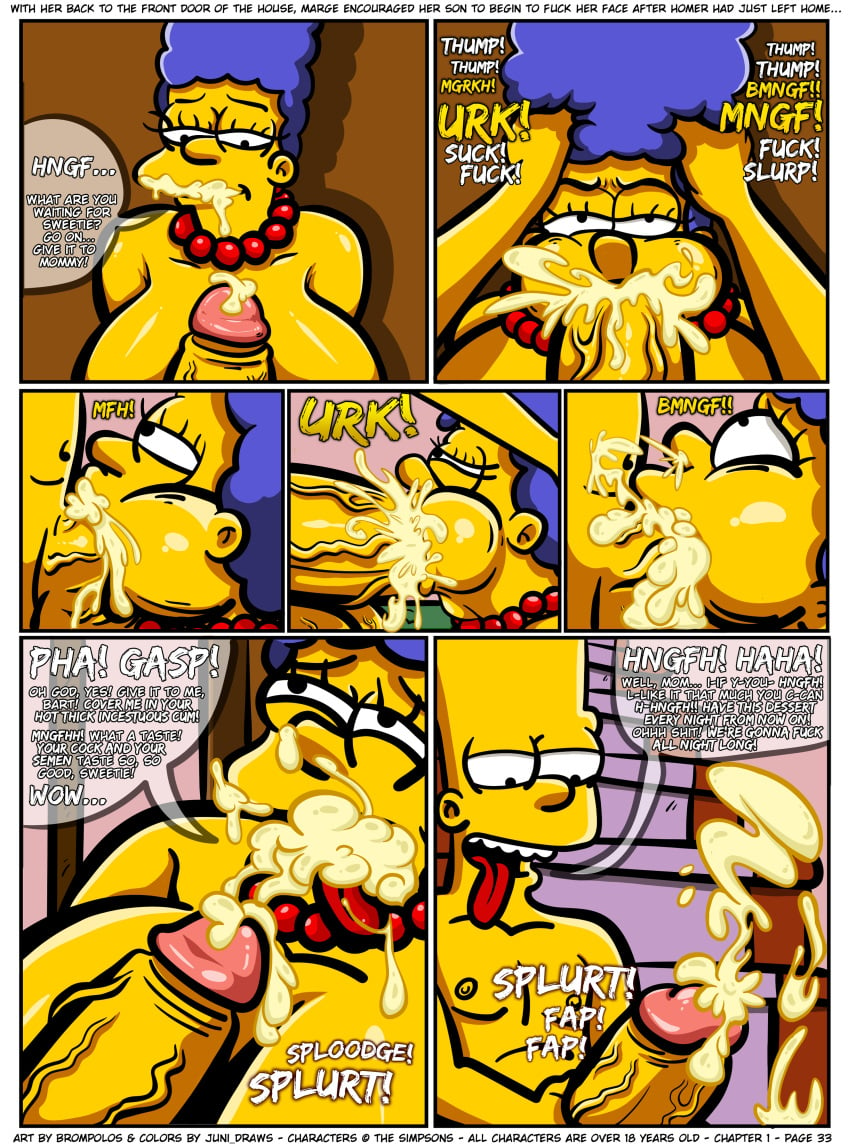 1boy 1girls bart_simpson big_breasts blowjob blue_hair breasts brompolos chapter_1 comic cum cum_in_mouth cum_on_face cum_swallow excessive_cum fellatio female huge_breasts incest juni_draws male male/female marge_simpson mother_and_son necklace onomatopoeia oral oral_sex page_33 sex size_difference the_simpsons yellow_body yellow_skin