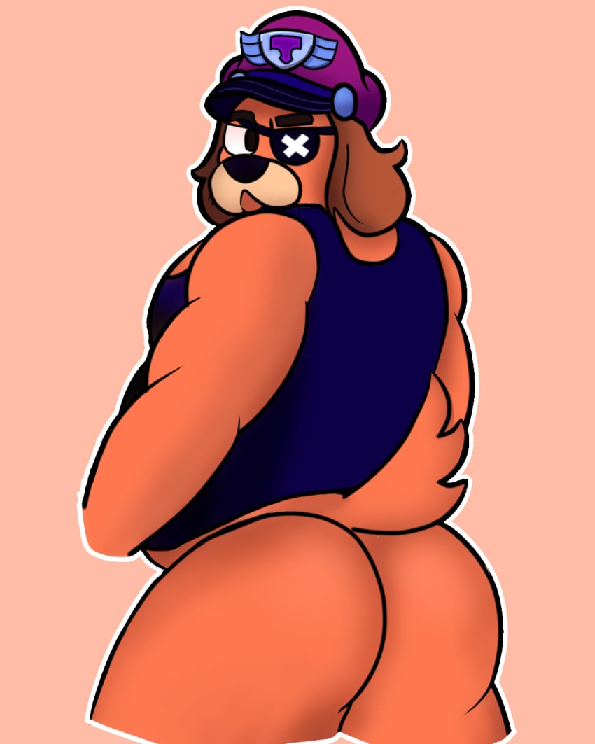 1boy 2023 alternate_version_available anthro anthro_only ass ass_focus big_ass big_thighs bottomless brawl_stars butt colonel_ruffs digital_art digital_drawing_(artwork) digital_media_(artwork) dog eyepatch furry furry_only gay male male_focus male_only peach_background shirt_only solo solo_focus solo_male squeaksito supercell tagme thighs