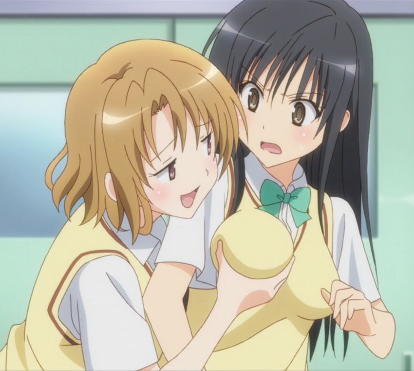 2girls anime blush breast_grab breast_grope breast_squeeze breasts clothed cute female grope groping kotegawa_yui lesbian momioka_risa multiple_girls school_uniform to_love-ru yuri