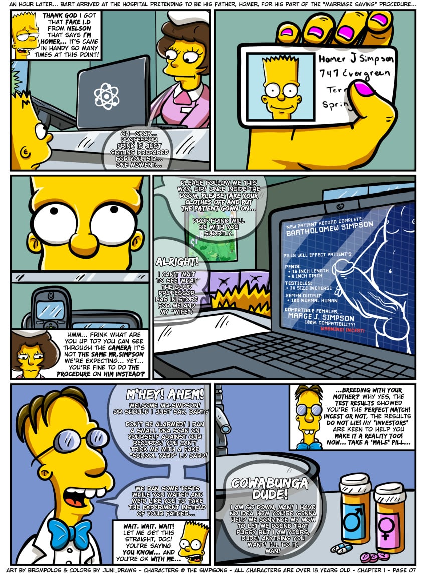 bart_simpson brompolos chapter_1 comic computer drugs female juni_draws male page_7 penis pills professor_frink size_difference the_simpsons yellow_body yellow_skin