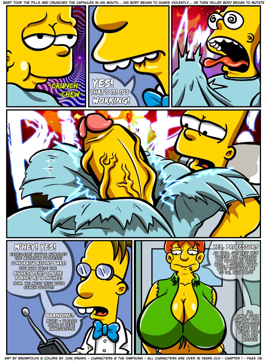 1girls 2boys bart_simpson big_breasts brandine_spuckler breasts brompolos chapter_1 cigarette cock comic expansion female huge_breasts huge_cock huge_penis juni_draws male page_8 penis penis_expansion professor_frink ripped_clothing size_difference the_simpsons transformation veins veiny_penis yellow_body yellow_skin