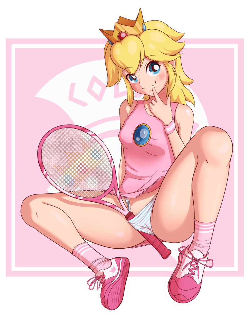 1girls anklehighs breasts coldtrojan crew_socks female female_only mario_(series) mario_tennis object_in_panties panties pink_socks princess_peach simple_background small_breasts smile socks solo spread_legs tennis_uniform upskirt white_panties