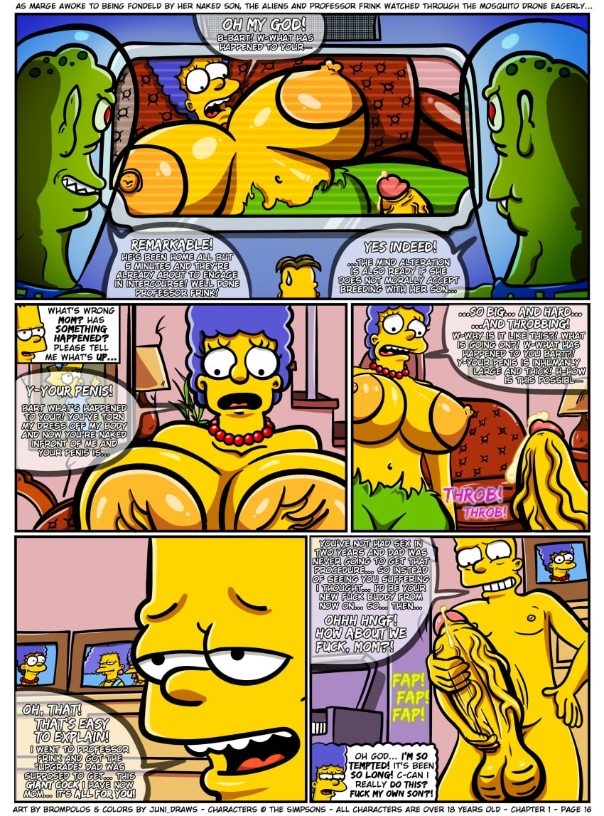 1girls alien areolae bart_simpson being_watched big_breasts big_cock big_penis blue_hair breast_squish breasts brompolos chapter_1 cock comic covering_breasts cum cum_drip female huge_areolae huge_breasts huge_cock huge_penis incest juni_draws kang_(simpsons) kodos male marge_simpson mother_and_son multiple_boys page_16 penis precum precum_drip professor_frink size_difference tentacle tentacles the_simpsons vein veiny_penis yellow_body