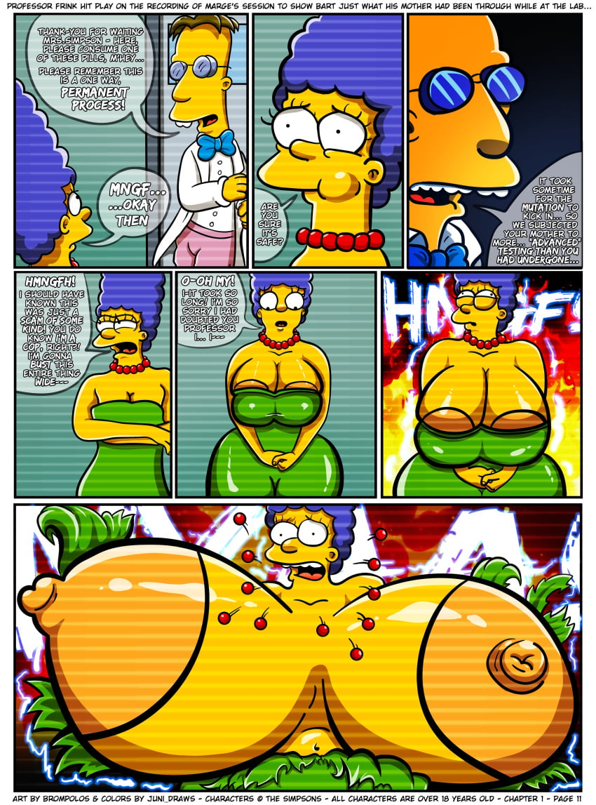 1boy 1girls areolae ass_expansion being_recorded blue_hair breast_expansion breasts_out brompolos chapter_1 comic expansion expansion_sequence exposed_breasts female huge_areolae huge_breasts juni_draws male marge_simpson mother_and_son necklace page_11 professor_frink recording ripped_clothes ripped_clothing size_difference the_simpsons yellow_body