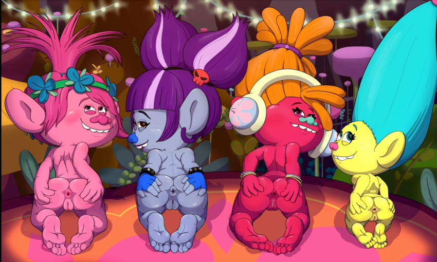 4girls anus ass background blue_eyes blue_hair blue_skin dj_suki dreamworks earphones ears feet happy_female multiple_girls naked_female orange_hair piercings pink_eyes pink_hair pink_skin pointy_ears presenting presenting_anus presenting_hindquarters purple_hair pussy queen_poppy red_eyes red_skin scat smidge_(trolls) smiley_face spread_anus spread_ass spread_butt spreading spreading_ass spreading_own_ass thejestermime troll_female trolls trolls:_trollstopia trolls_world_tour vagina val_thundershock yellow_skin