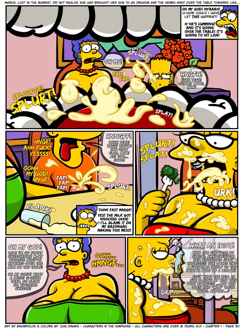 1boy 2girls 5_panel_comic bart_simpson big_breasts blue_hair breast_size_difference breasts brompolos brother_and_sister chapter_1 comic cross-popping_vein cum cum_in_mouth cum_on_breasts cum_on_face cum_swallow excessive_cum female handjob huge_breasts incest juni_draws lisa_simpson male male/female marge_simpson mother_and_son mouth_open necklace page_30 sex size_difference small_breasts stealth_handjob teeth the_simpsons tongue yellow_body