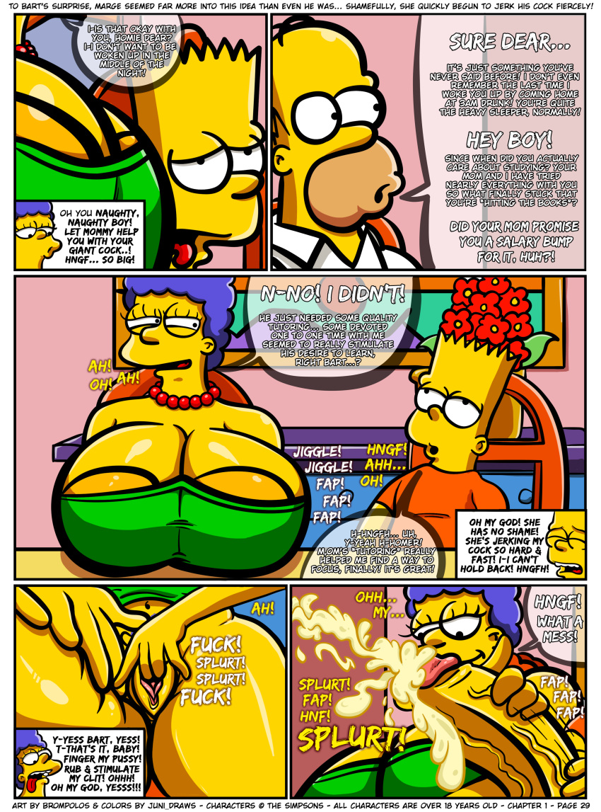 1girls 2boys areolae bart_simpson brompolos chapter_1 comic cuck cuckold cum excessive_cum female fingering homer_simpson huge_areolae huge_breasts incest infidelity juni_draws male male/female marge_simpson mother_and_son page_29 size_difference stealth_handjob the_simpsons vagina yellow_body