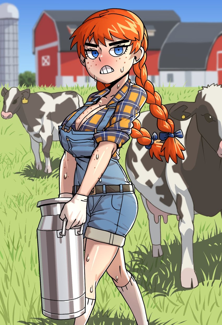 1girls bbtan blue_eyes cleavage clothed cows farm farm_girl farmer farmgirl female female_focus female_only flannel_shirt freckles freckles_on_breasts orange_hair overalls solo solo_focus sweat white_socks