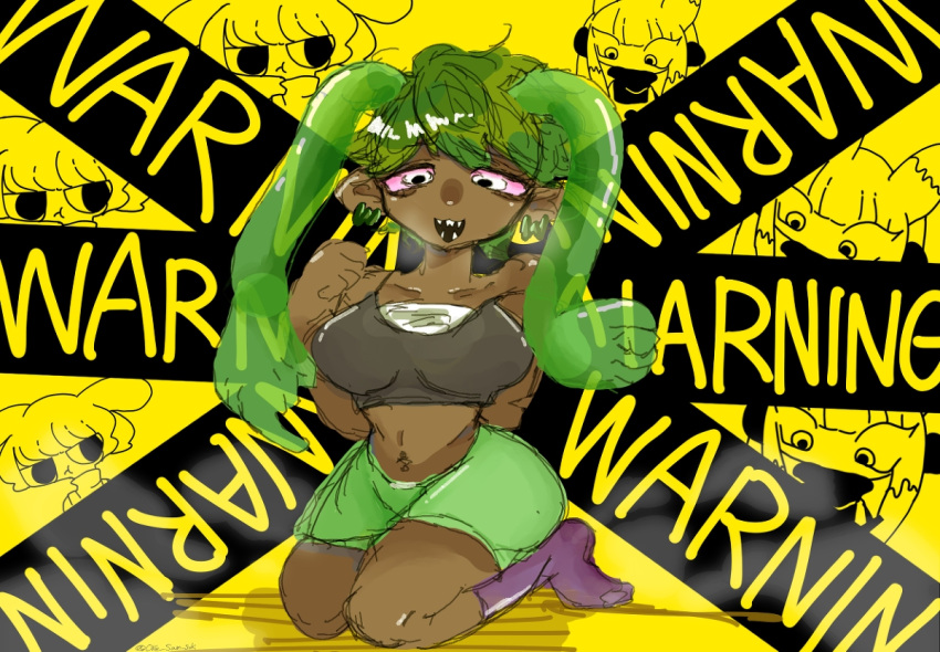 bandaged_chest bandages big_ass big_breasts black_crop_top brown-chan da-da dark-skinned_female dark_green_hair dark_skin ear_hands green_ears green_hair green_shorts human humanized light_pink_sclera looking_at_viewer oyasaioni9 pointy_ears purple_socks short_hair teach_the_cat white_eyes