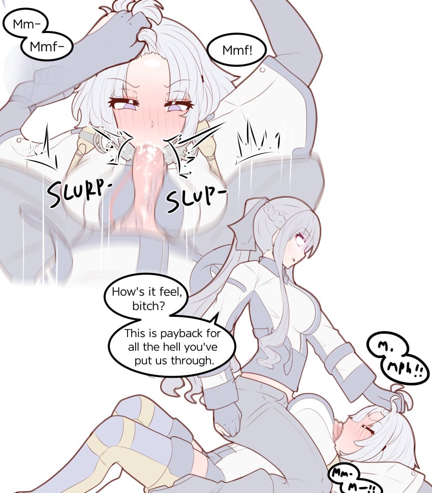 1futa 1girls absurdres ak-12_(girls'_frontline) big_breasts big_penis black_gloves black_pants blush boots braid breasts clothed clothing dialogue duo english_text erection fellatio female french_braid fully_clothed futa_with_female futanari girls'_frontline gloves grabbing_another's_hair grey_hair highres human kneeling large_breasts light-skinned_female light-skinned_futanari light_skin long_hair long_sleeves lying mostly_clothed on_back oral paizuri paizuri_over_clothes pants penis physisyoon ponytail purple_eyes rpk-16_(girls'_frontline) shirt short_hair simple_background speech_bubble straddling straddling_paizuri text white_background