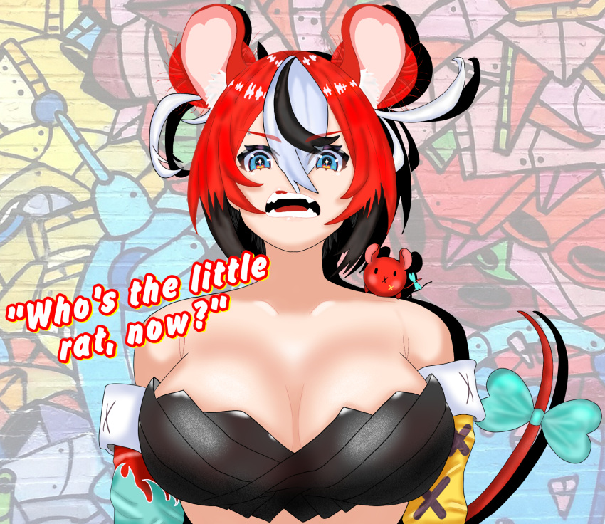 1girls alternate_version_at_source angry animal_ear_fluff animal_ears asymmetrical_clothes asymmetrical_hair asymmetrical_sleeves bangs bare_shoulders black_hair blue_eyes bra eddarxart english_text eyebrow_piercing fan_mascot_(vtuber) fangs female giantess glaring hair_between_eyes hair_bun hakos_baelz hakos_baelz_(1st_costume) hololive hololive_english hololive_english_-council- hololive_english_-promise- large_breasts looking_at_viewer looking_down looking_down_at_viewer mouse mouse_ears mouse_girl mr._squeaks_(hakos_baelz) multicolored_hair rat rat_girl rat_tail red_hair solo speech_bubble streaked_hair tail talking_to_viewer text threatening twintails underwear virtual_youtuber white_hair