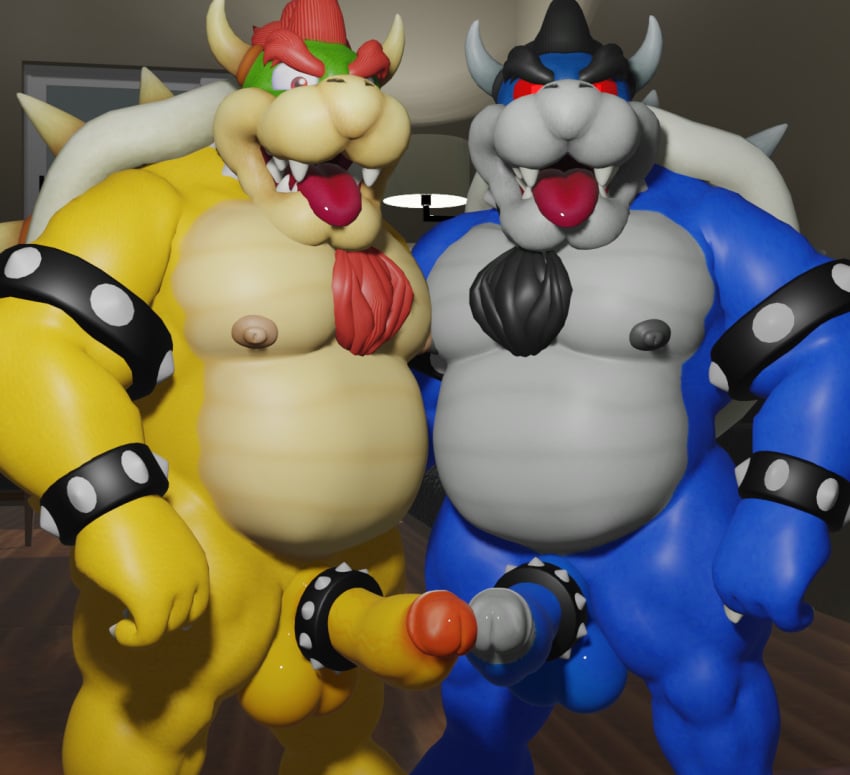 2023 2boys 3d_(artwork) accessory anthro balls blender_(software) body_hair bowser chest_hair cock_ring collar dark_bowser digital_media_(artwork) duo erection gay genitals goeybowser group hair horn jewelry koopa looking_at_viewer male male/male male_only mammal mario_(series) mario_and_luigi_(series) nintendo nipples nude penis penis_accessory penis_jewelry penis_on_penis scalie shell smile spikes video_games