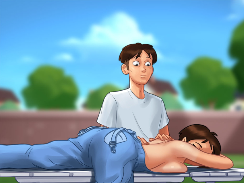 1boy 1girls 2d ass aunt back_massage big_breasts blush blush bottomwear breast_press breast_squeeze breasts chair clothed clothing darkcookie diane_(summertime_saga) digital_drawing_(artwork) digital_media_(artwork) ear_piercing earrings female female_focus garden hand_on_back hands_on_back laying_down laying_on_stomach leaning leaning_back light-skinned_female light_skin looking_at_partner looking_down main_character_(summertime_saga) male male/female massage no_bra on_stomach outdoors outside overalls overalls_down shirt standing summertime_saga topless undressing