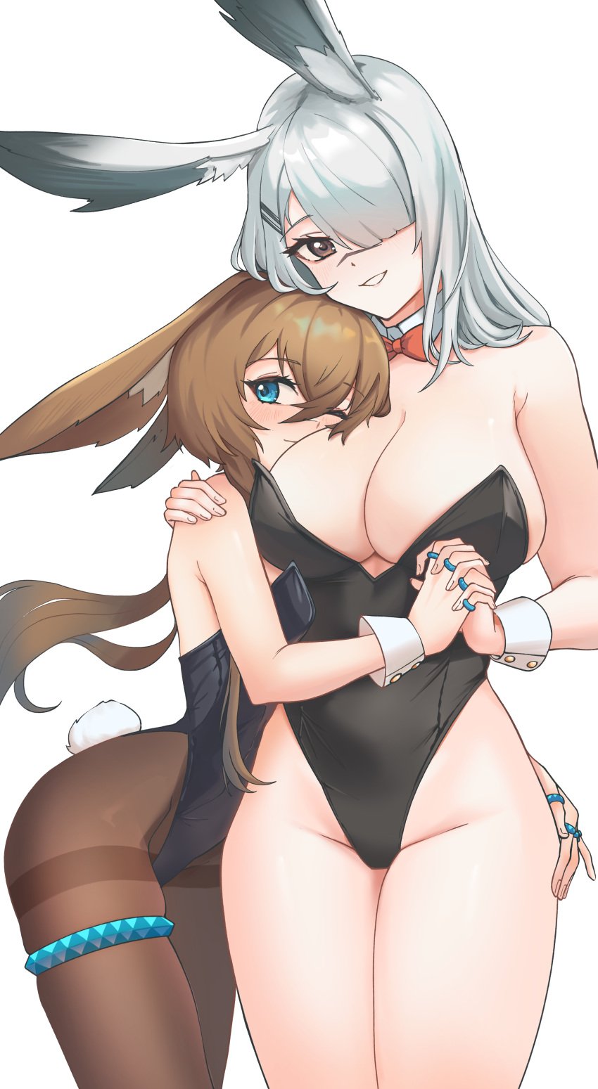 2girls alternate_costume amiya_(arknights) animal_ears arknights bare_shoulders black_eyes black_leotard blue_eyes breasts brown_hair brown_pantyhose cleavage cowboy_shot female female_only frostnova_(arknights) grey_hair grin hair_over_one_eye height_difference highres holding_hands large_breasts leotard long_hair looking_at_viewer multiple_girls pantyhose playboy_bunny rabbit_ears rabbit_tail radioneet scar scar_on_face scar_on_nose smile standing strapless strapless_leotard tail thighband_pantyhose thighlet thighs wrist_cuffs yuri