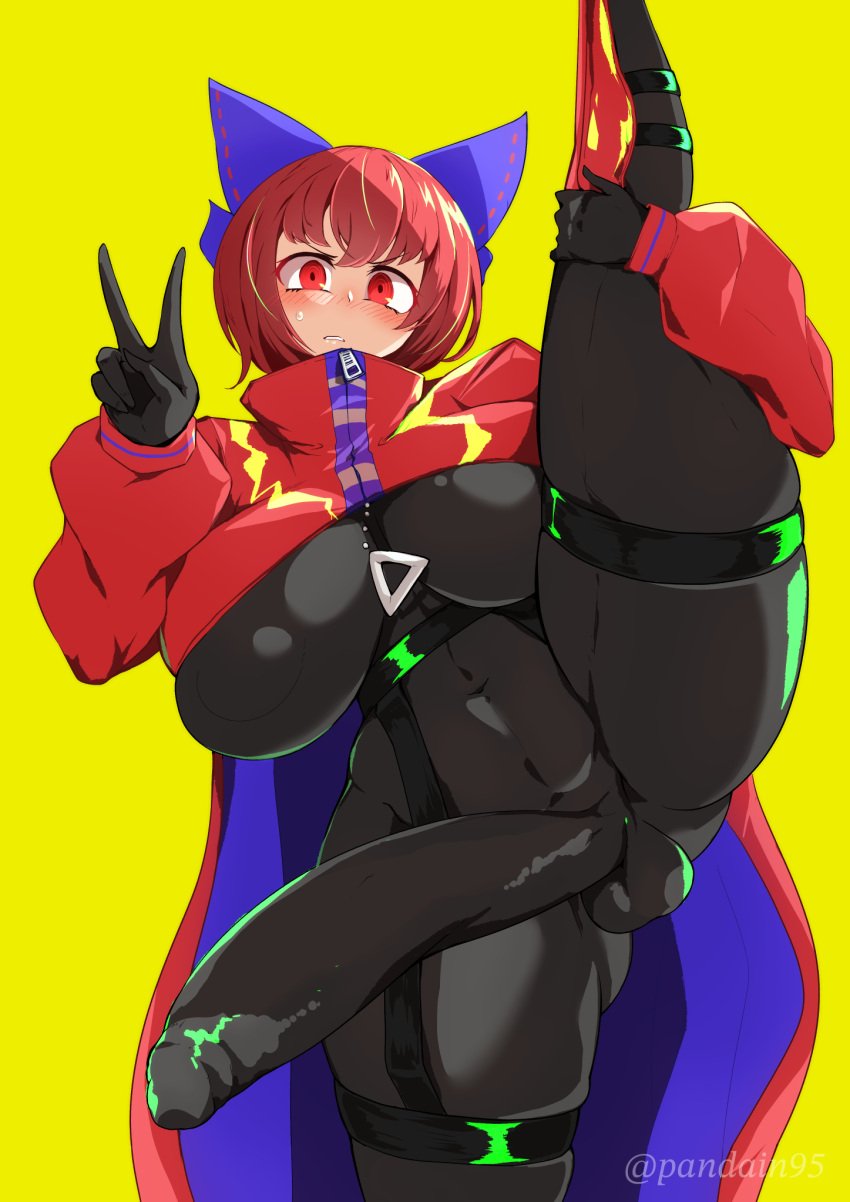 1futa 2023 akatsuki_records balls big_breasts bodysuit breasts clothed clothing embarrassed erection fully_clothed futa_only futanari higher_resolution_duplicate huge_cock human latex_bodysuit latex_dress latex_futa latex_legwear latex_suit leg_hold_pose leg_up light-skinned_futanari light_skin looking_at_viewer pandain penis red_eyes red_hair rock_'n'_rock_'n'_beat rock_n_rock_n_beat sekibanki short_hair skin_tight skin_tight_suit solo splits standing thick_thighs touhou undersized_balls v vertical_splits