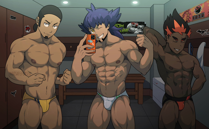 abs biceps bulge bulging_biceps dark-skinned_male dark_male_only dark_skin flexing kiawe_(pokemon) kukui_(pokemon) leon_(pokemon) locker_room looking_at_viewer male male_only melanin muscles muscular muscular_male notsafeforseb pecs pokemon pokemon_sm pokemon_ss posing rotom_phone selfie shirtless_male smiling_at_viewer smooth_chest smooth_skin teasing thick_thighs underwear underwear_only winking_at_viewer