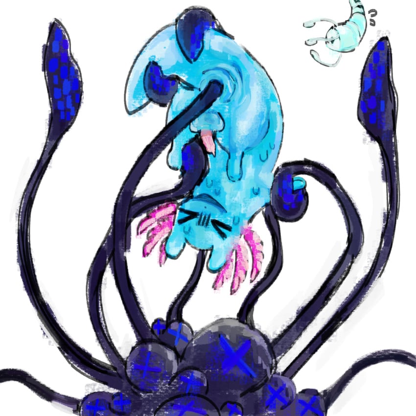 anus balls blue_body daddy_long_legs_(rain_world) frills genital_fluids genitals non-human overseer_(rain_world) penetration rain_world rivulet_(rain_world) slugcat tail tentacles touching_penis