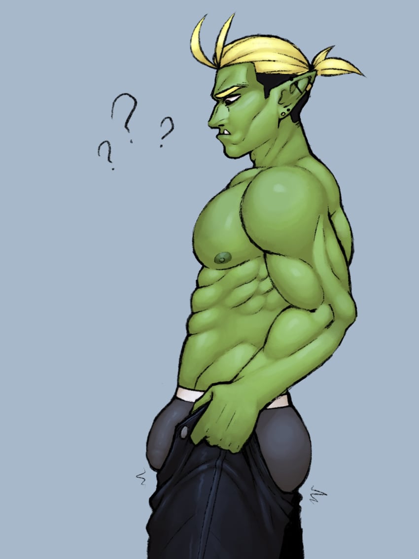 abs ass bara bara_tits barazoku bulge bulge_through_clothing detailed_bulge drawfee_(copyright) drawtectives dreamscreep ear_piercing earrings green_body green_skin gyorik_rogdul humanoid_pointy_ears industrial_piercing large_pectorals male male_only muscle muscles muscular muscular_arms muscular_male nipples orc orc_male pecs pectorals penis pointy_ears sharp_teeth solo solo_male teeth tight_clothing topless topless_male underbite