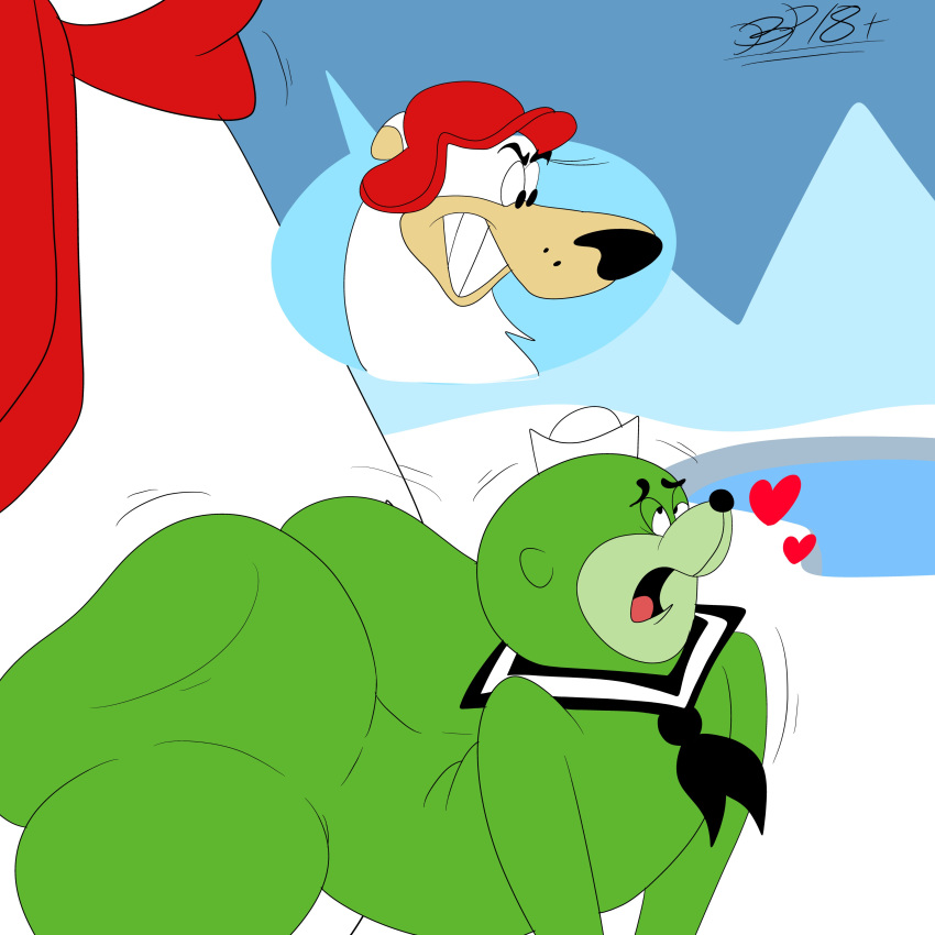 anthro anthro_on_anthro bear big_ass big_butt blastprocessing16 breezly_and_sneezly breezly_bruin bubble_ass bubble_butt gay_sex green_body hanna-barbera hat hi_res mammal pleasure_face polar_bear red_scarf scarf seal sex sneezly white_fur