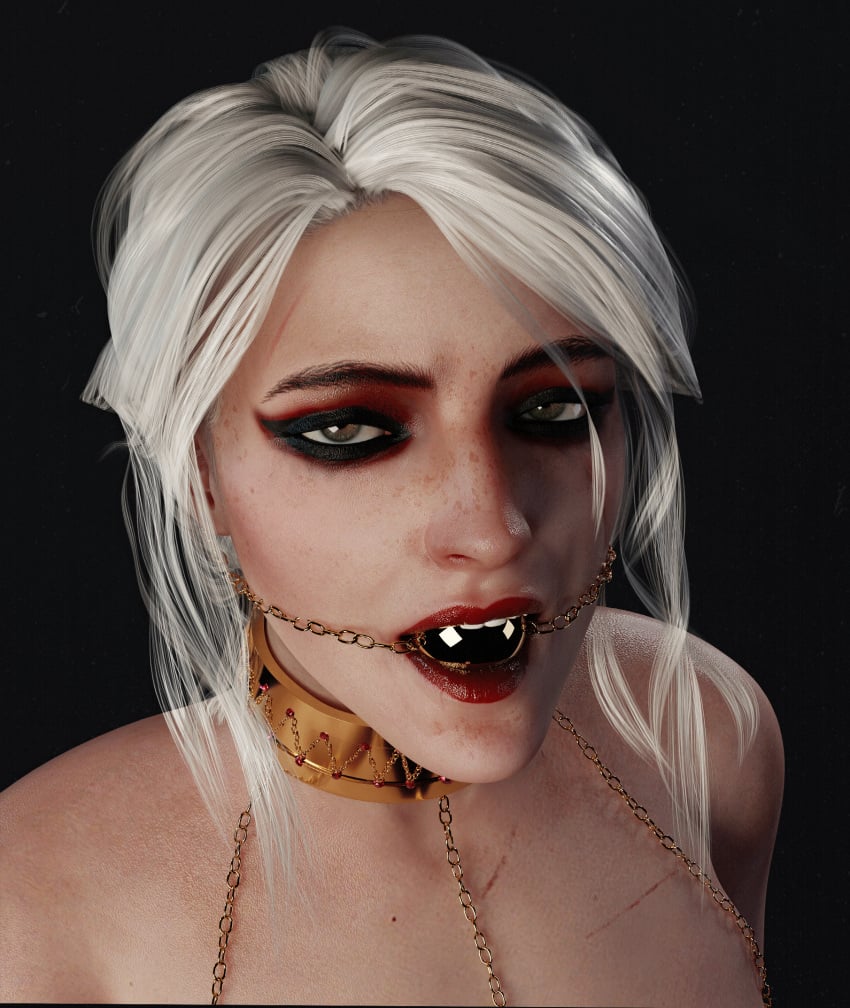 3d ball_gag ciri collar desire_reality female green_eyes light-skinned_female mascara the_witcher_(series) the_witcher_3:_wild_hunt white_hair