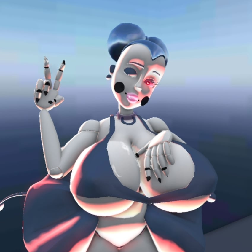 3d animatronic animatronic_female animatronic_girl ballora ballora_(fnafsl) ballora_(spiderjunior10) basic_background blue_hair blue_top blue_topwear breasts female female_only five_nights_at_freddy's five_nights_at_freddy's:_sister_location heart-shaped_pupils red_glow robot robot_girl robotic_arm white_body